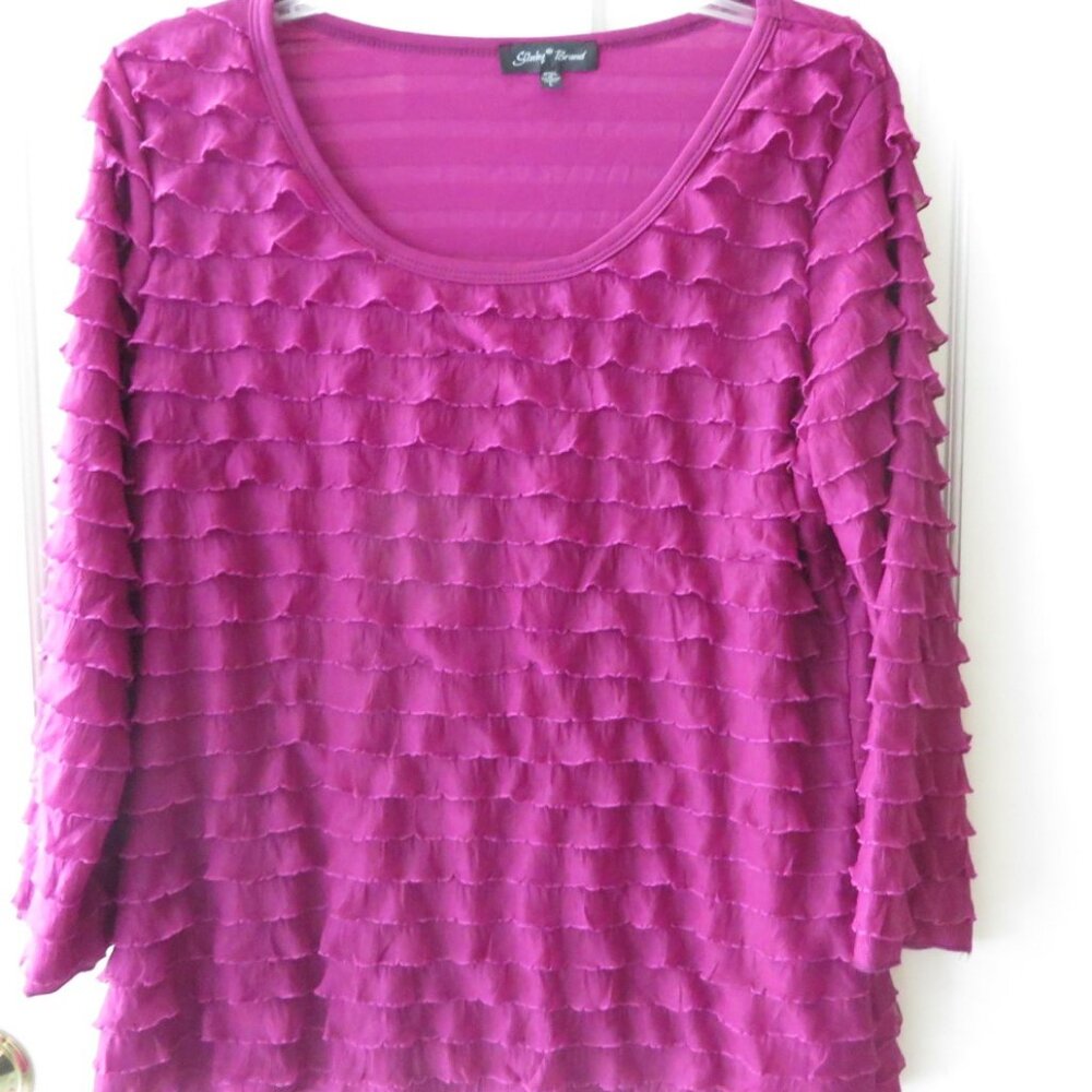 Slinky Brand Pink Ruffle Knit Womens Pullover Top Size Large